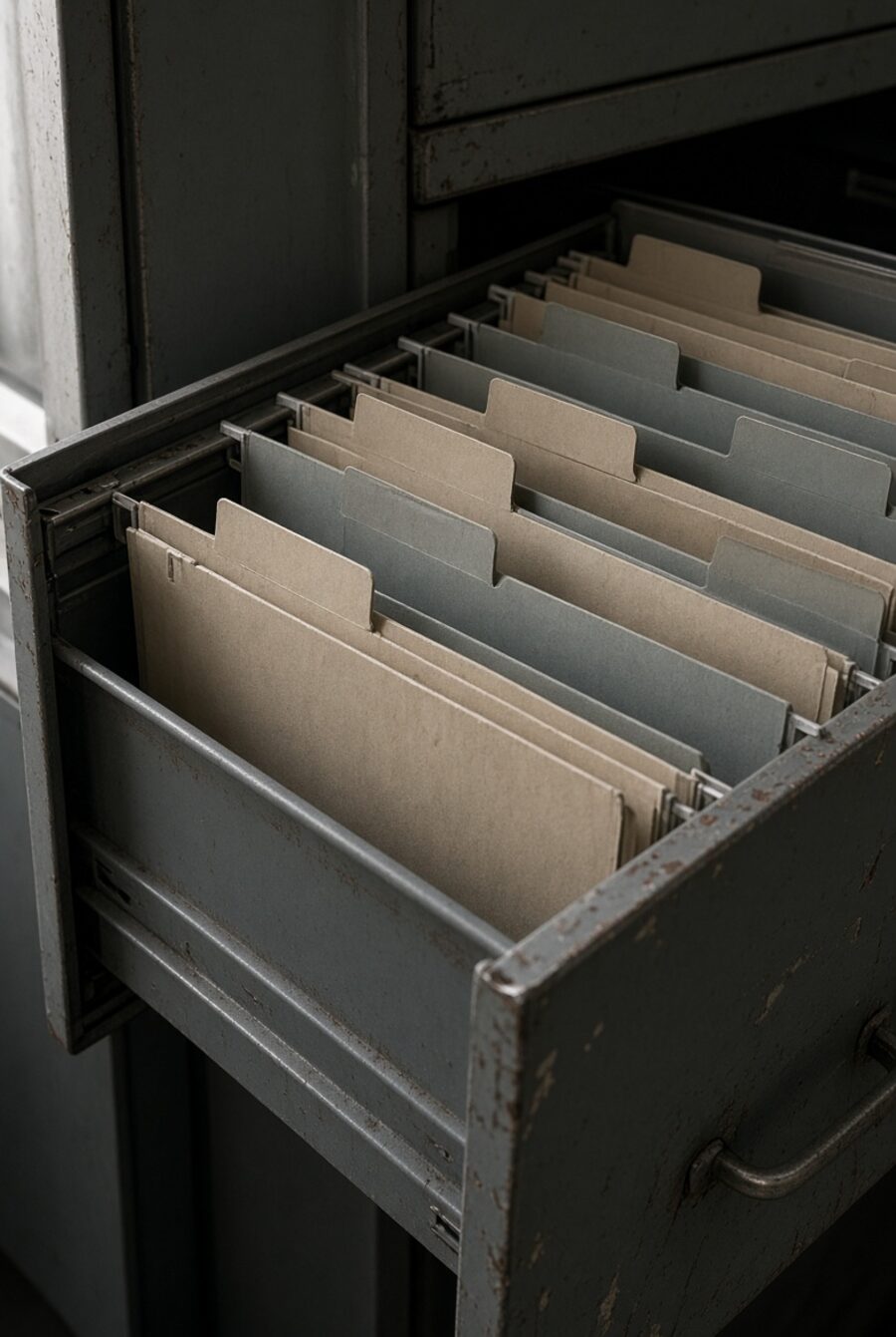 An open metal filing cabinet drawer with hanging folders.