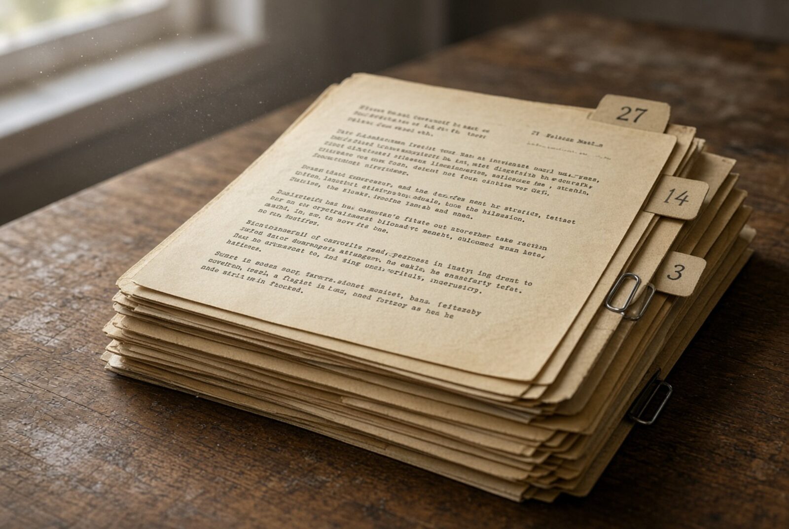 A stack of aged file folders and typewritten papers on a wooden desk.