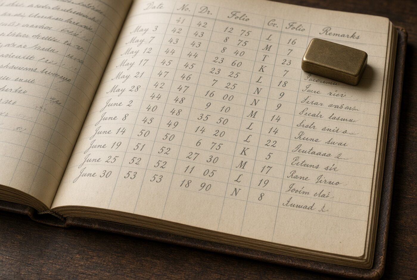 An open ledger with handwritten columns and a small brass weight.